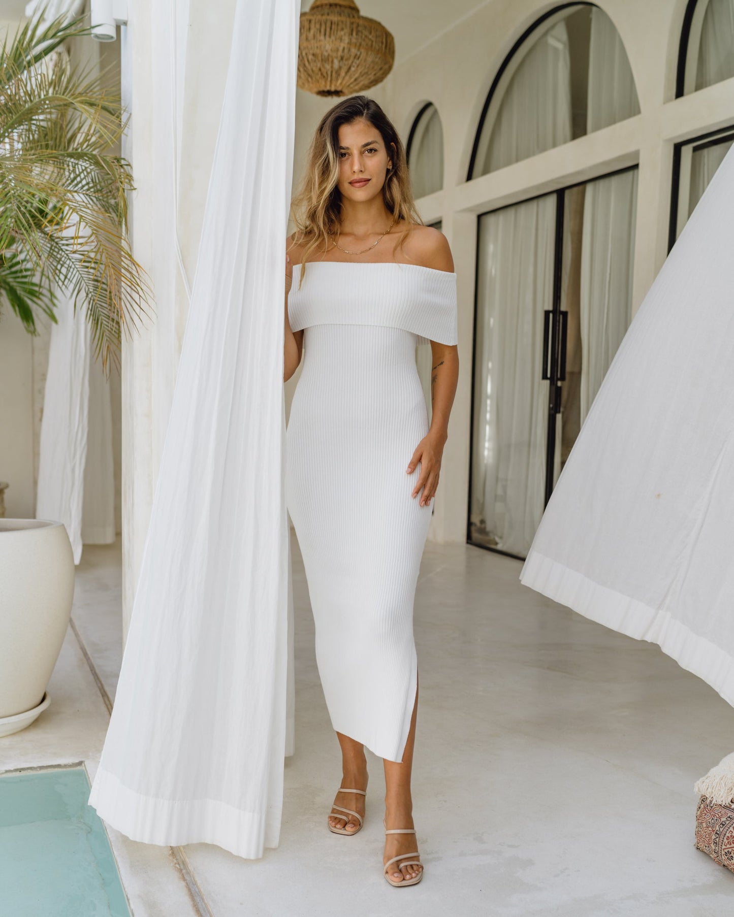 HEYCHIC Cecelia Off Shoulder Knit Midi Dress (White)