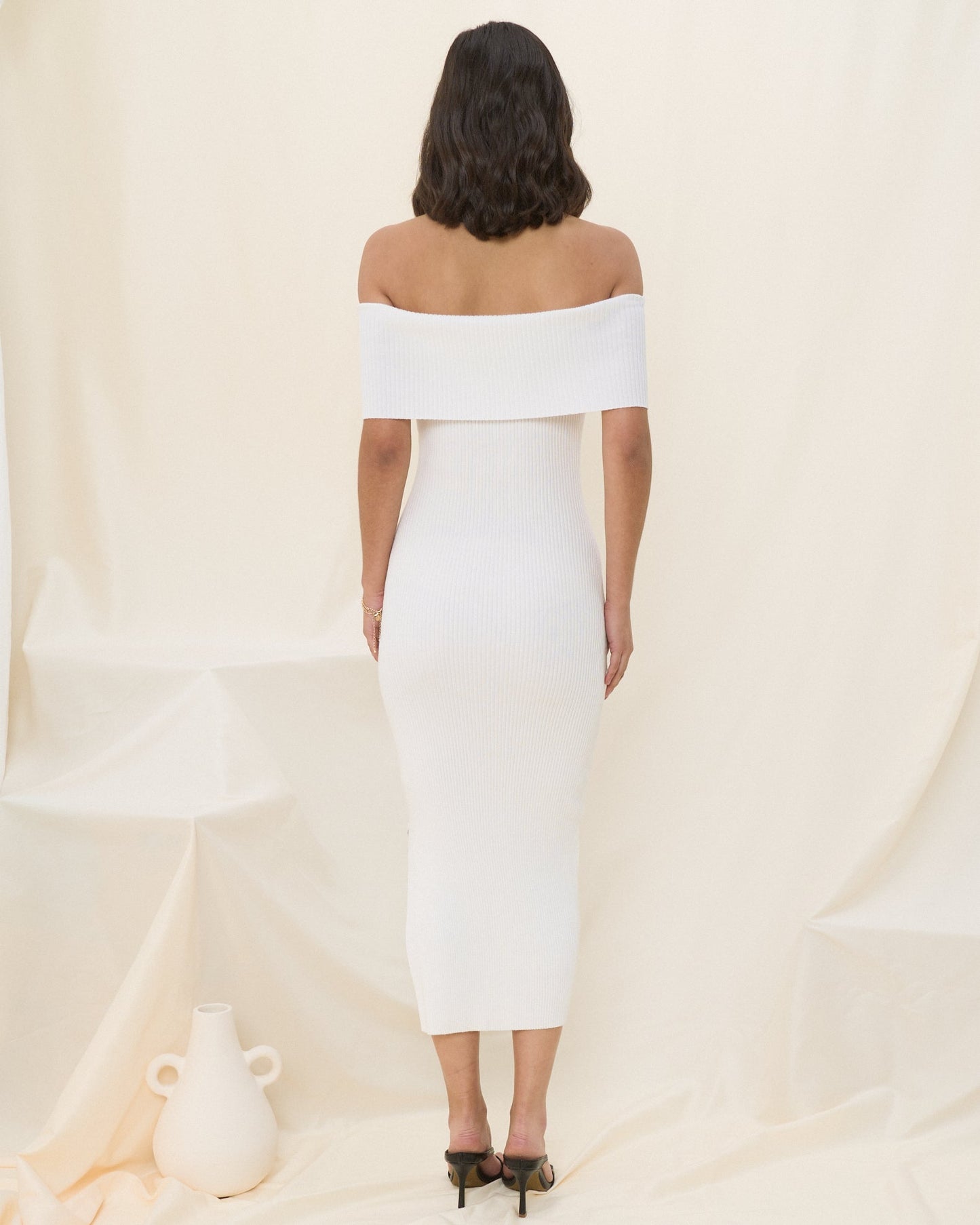 HEYCHIC Cecelia Off Shoulder Knit Midi Dress (White)
