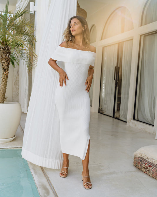 HEYCHIC Cecelia Off Shoulder Knit Midi Dress (White)