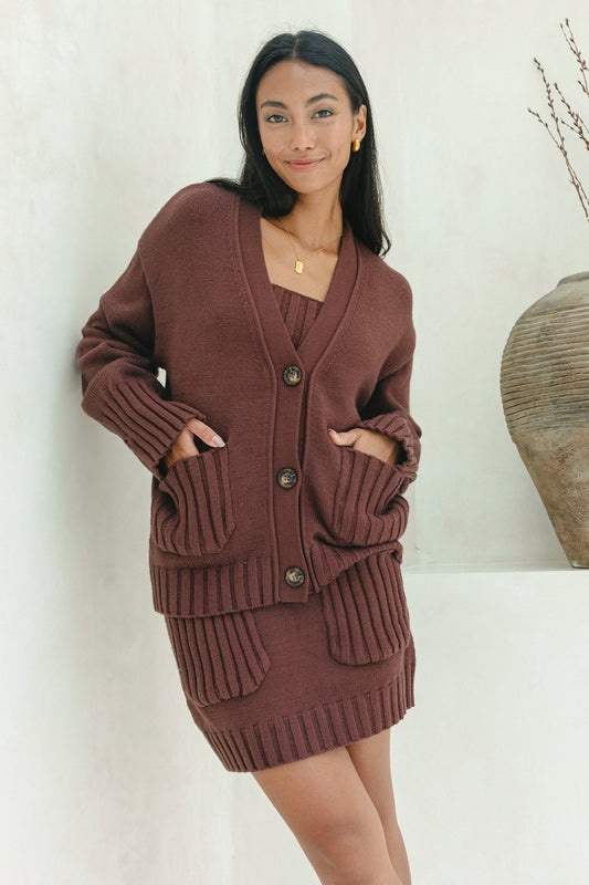 Image of a model wearing Tops. Productname: Heychic Alice Knit Cardigan in Brown colour by brand - Heychic