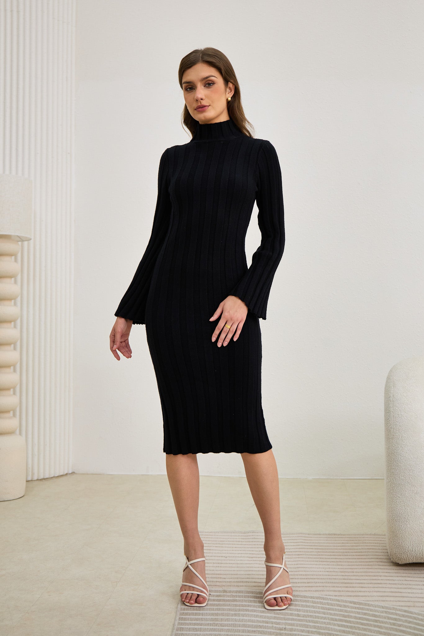 Heychic Lexi Flute Sleeve Knit Midi Dress (Black)