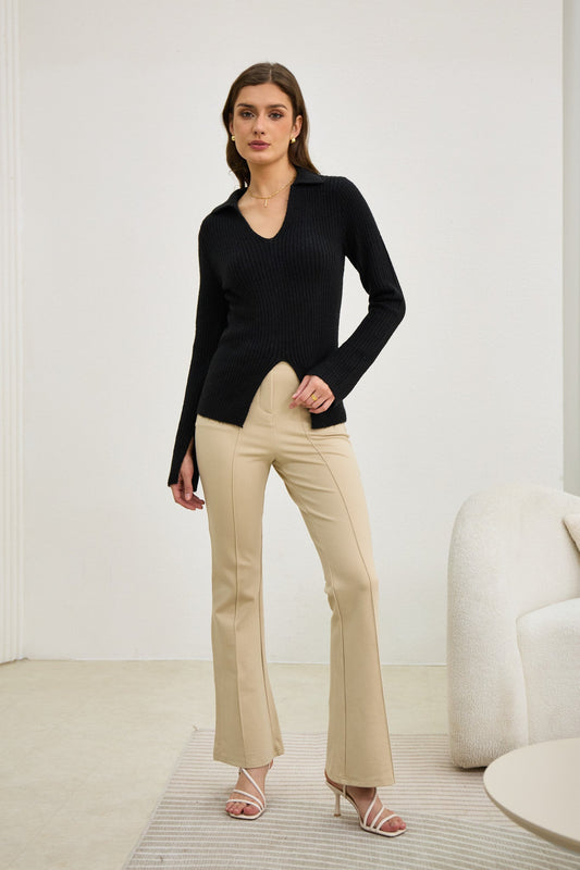 Heychic Audrey Split Long Sleeve Knit Top (Black)