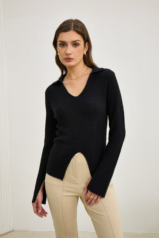 Image of a model wearing Tops. Productname: Heychic Audrey Split Long Sleeve Knit Top in Black colour by brand - Heychic