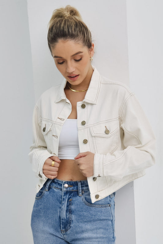 Heychic Avery Cropped Denim Jacket (Off-White)