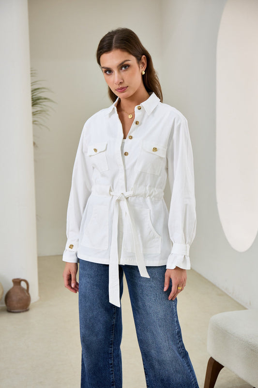 Image of a model wearing Tops. Productname: Heychic Anna Belted Jacket in White colour by brand - Heychic