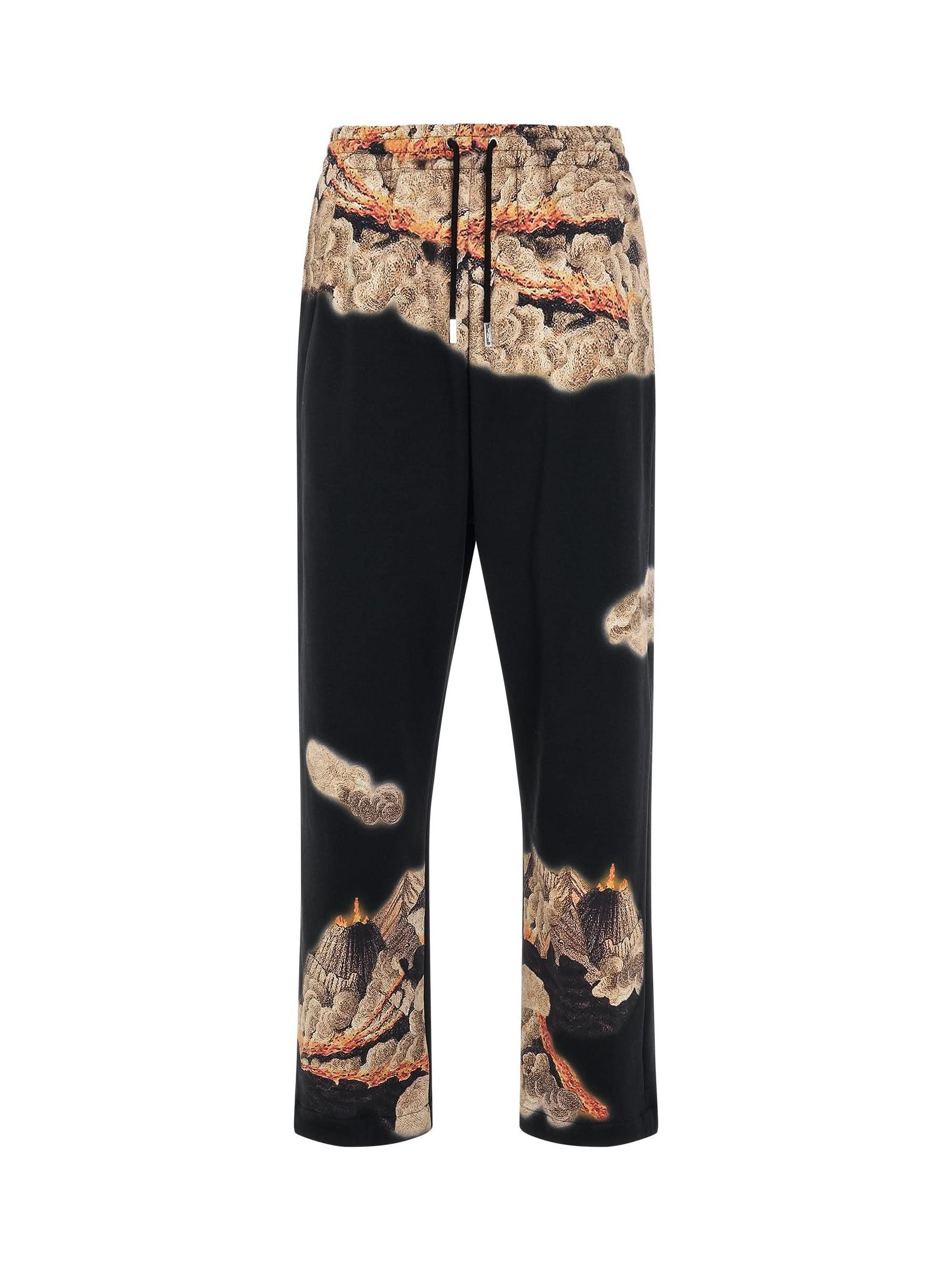 Image of a model wearing Pants. Productname: WOOYOUNGMI Volcano Print Sweatpants in BLACK colour by brand - WOOYOUNGMI