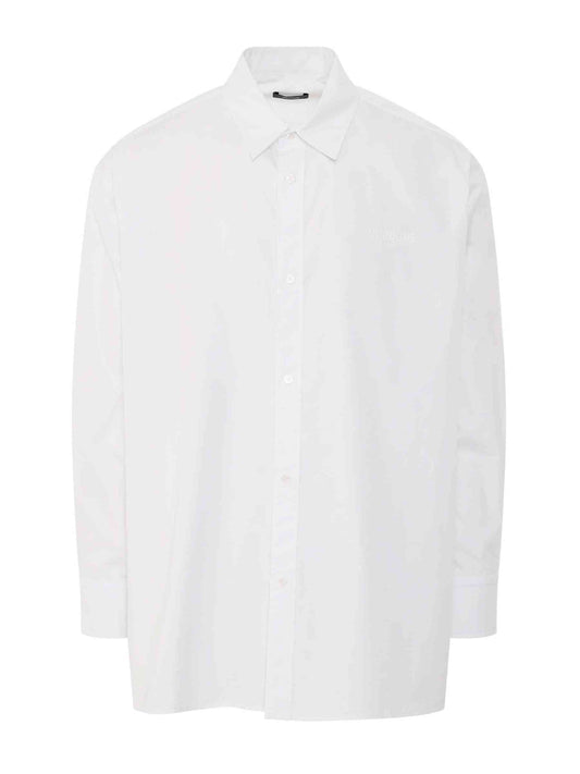 Image of a model wearing Tops. Productname: WE11DONE 1506 Logo Print Cotton Shirt in WHITE colour by brand - WE11DONE