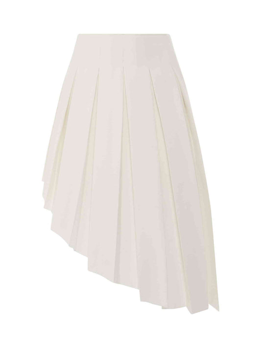 Image of a model wearing Skirts. Productname: WE11DONE Wool Asymmetrical Pleated Skirt in WHITE colour by brand - WE11DONE