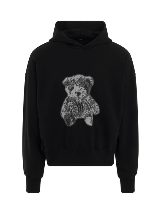Image of a model wearing Outerwear. Productname: WE11DONE Pixel Teddy Hoodie in BLACK colour by brand - WE11DONE
