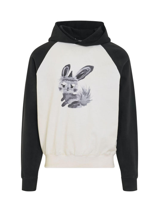 Image of a model wearing Outerwear. Productname: WE11DONE Washed Rabbit Print Hoodie in BLACK colour by brand - WE11DONE