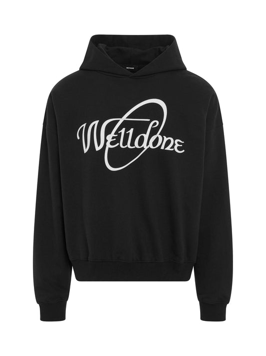 Image of a model wearing Outerwear. Productname: WE11DONE Cursive Circle Logo Hoodie in BLACK colour by brand - WE11DONE