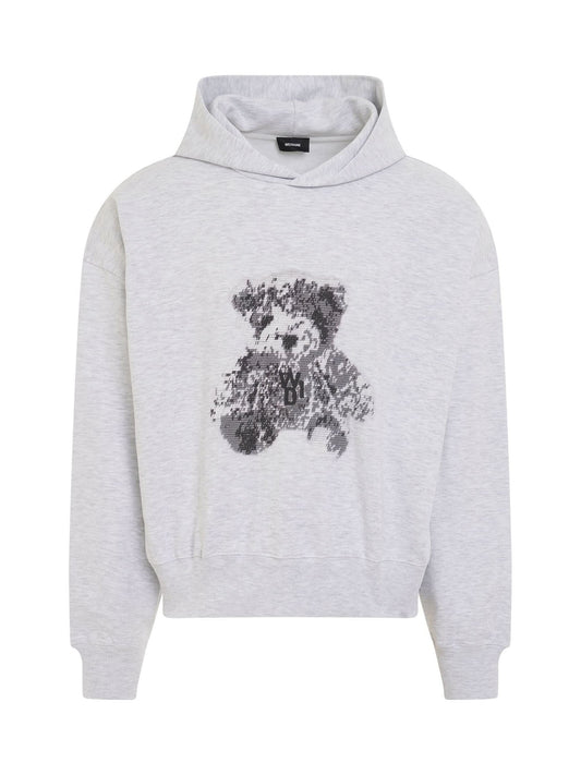 Image of a model wearing Outerwear. Productname: WE11DONE New Teddy Back Logo Hoodie in GREY colour by brand - WE11DONE