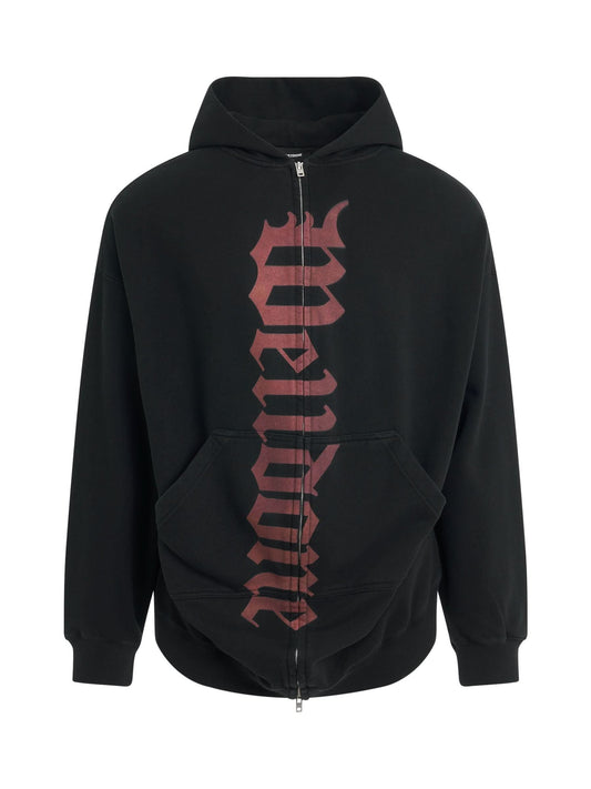 Image of a model wearing Outerwear. Productname: WE11DONE Flare Zip-Up Hoodie in BLACK colour by brand - WE11DONE