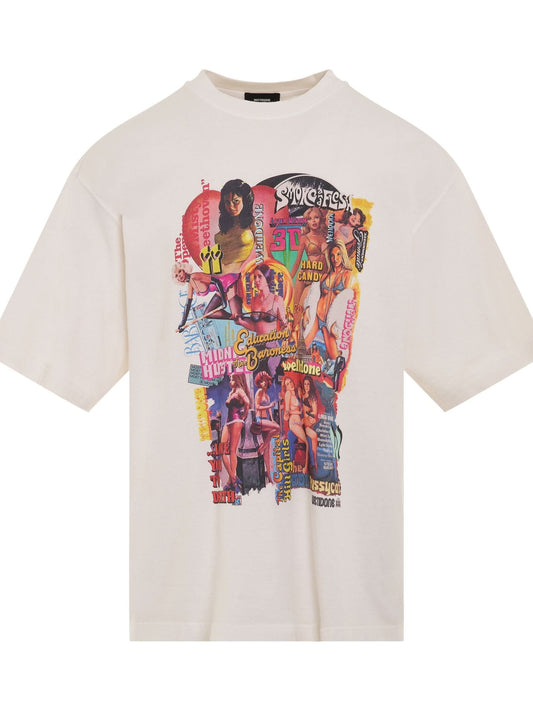 Image of a model wearing Tops. Productname: WE11DONE New Movie Collage T-Shirt in WHITE colour by brand - WE11DONE