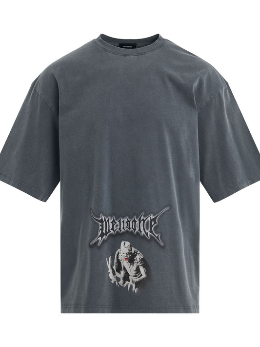 Image of a model wearing Tops. Productname: WE11DONE Vintage Horror Print T-Shirt in NAVY colour by brand - WE11DONE