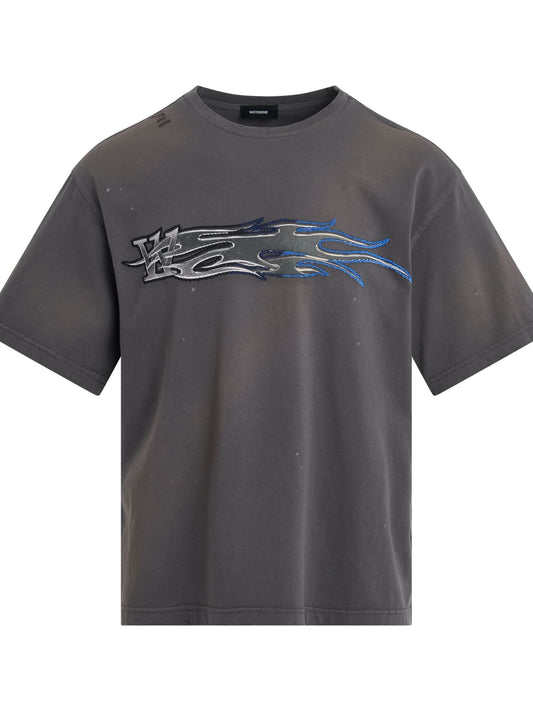 Image of a model wearing Tops. Productname: WE11DONE Metallic Print T-Shirt in BLACK colour by brand - WE11DONE