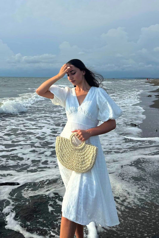 Heychic Weatherly Off- Puff Sleeve Midi Dress (White)