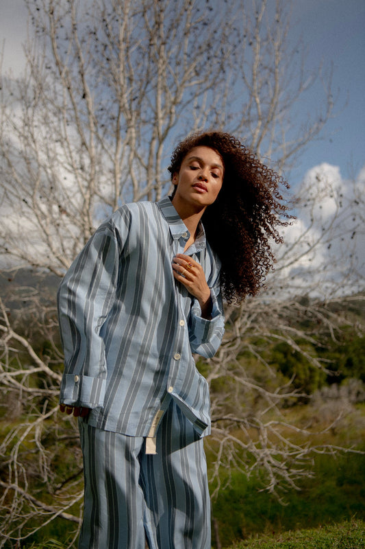 Image of Sleepwear & Loungewear. Product name - Long Sleeve Sleep Shirt Macel Daybreak Stripe in Daybreak Stripe colour by brand - NUNE