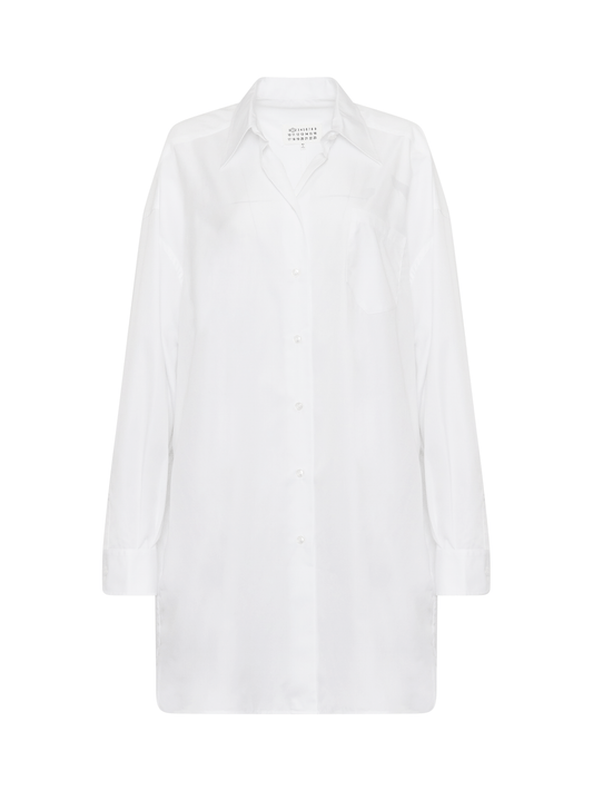 Image of a model wearing Dress. Productname: MAISON MARGIELA Oversize Cotton Shirt Dress in White colour by brand - MAISON MARGIELA