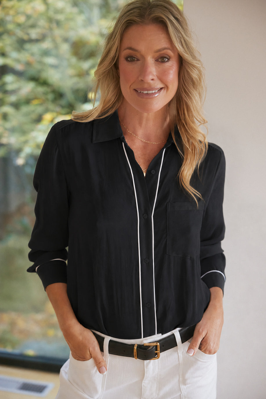 Image of Shirts. Product name - Charlize Drape Shirt Black/White Piping in Black/White Piping colour by brand - White & Co.