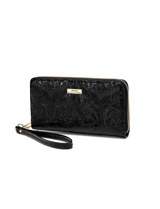 CAROLINA ZIP AROUND PATENT LEATHER WALLET WITH RFID - BLACK