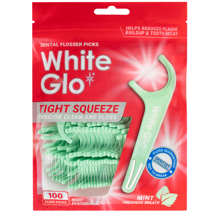 Image of Teeth Whiteners. Product name - Dental Flosser Picks Tight Squeeze Precise Clean and Floss 100 Flosser Picks in colour by brand - White Glo