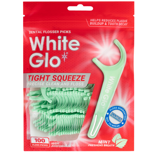 Image of Teeth Whiteners. Product name - Dental Flosser Picks Tight Squeeze Precise Clean and Floss 100 Flosser Picks in colour by brand - White Glo