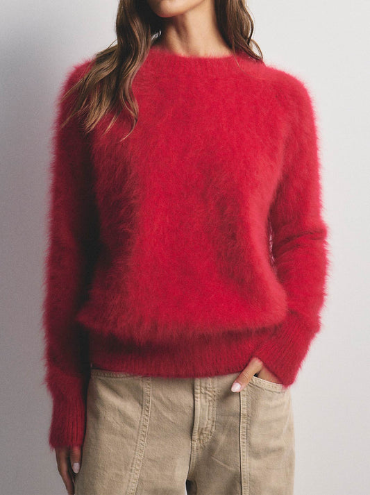 Image of a model wearing Outerwear. Productname: WORLD OF NOMADS ADELE CASHMERE CREW NECK in Flame colour by brand - World Of Nomads