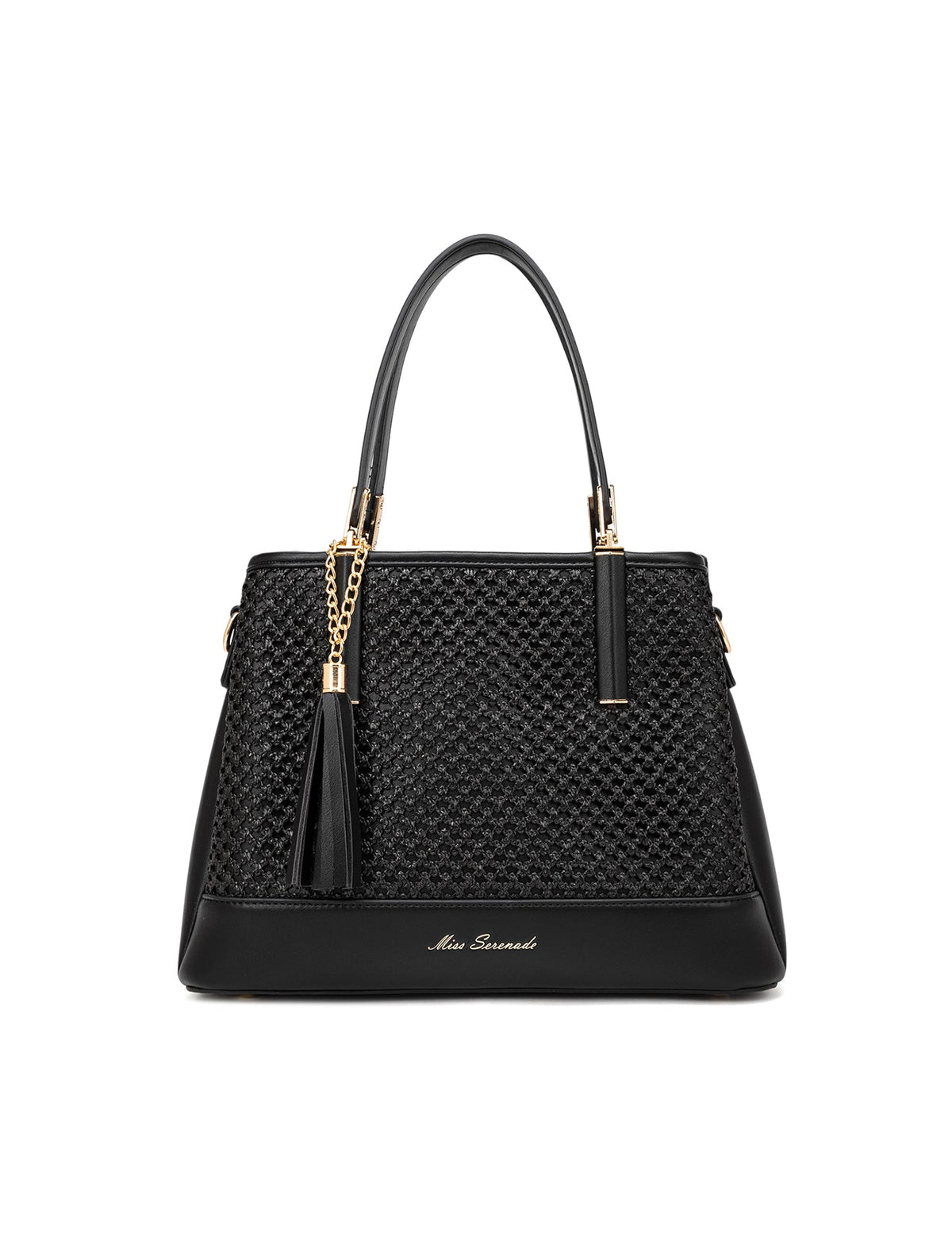 SYDNEY TRIPLE COMPARTMENT BAG WITH RAFFIA DETAIL AND XBODY STRAP - BLACK