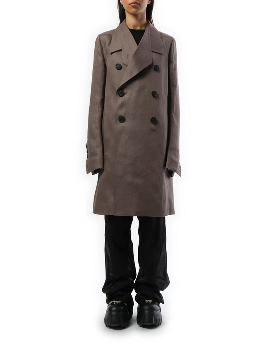 Image of a model wearing Outerwear. Productname: RICK OWENS Officer Coat in Dust colour by brand - RICK OWENS