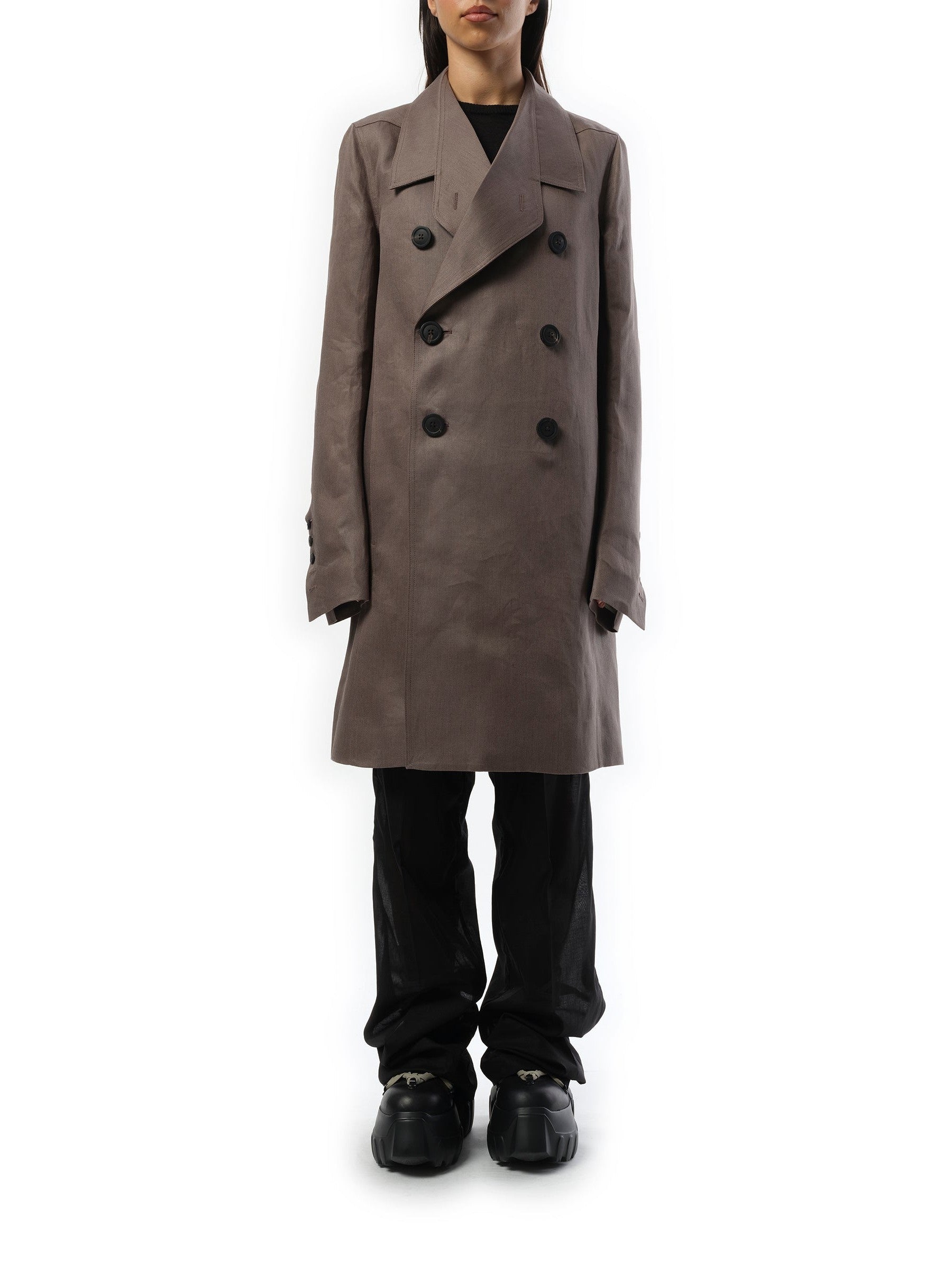 Image of a model wearing Outerwear. Product name - Officer Coat in Brown colour by brand - RICK OWENS