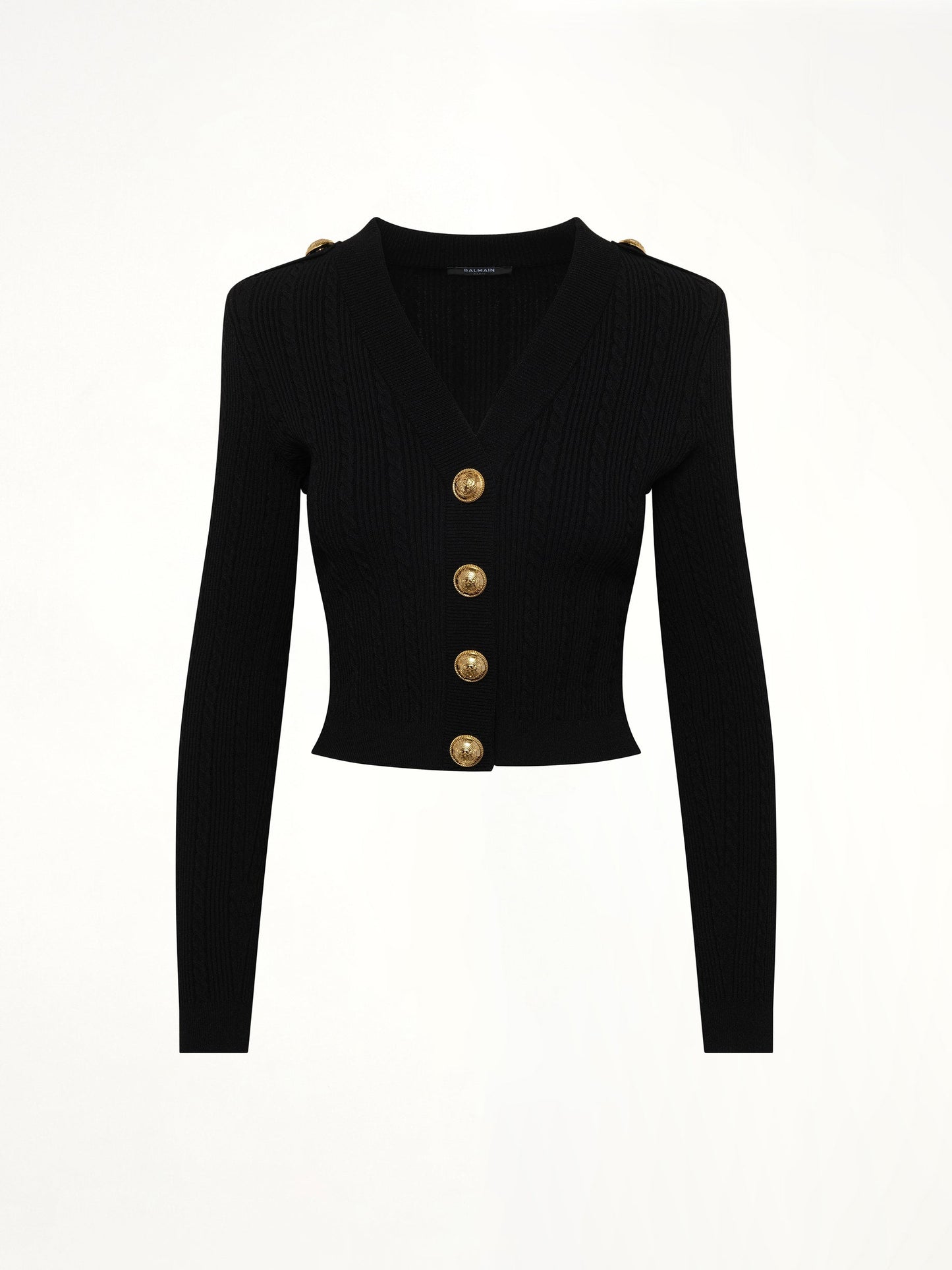 BALMAIN LS Buttoned V-Neck Torsade Knit Cardigan (Black)