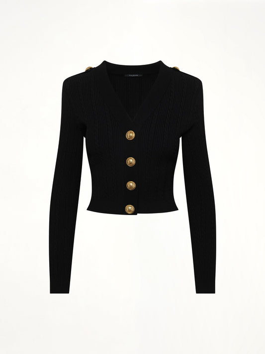 BALMAIN LS Buttoned V-Neck Torsade Knit Cardigan (Black)