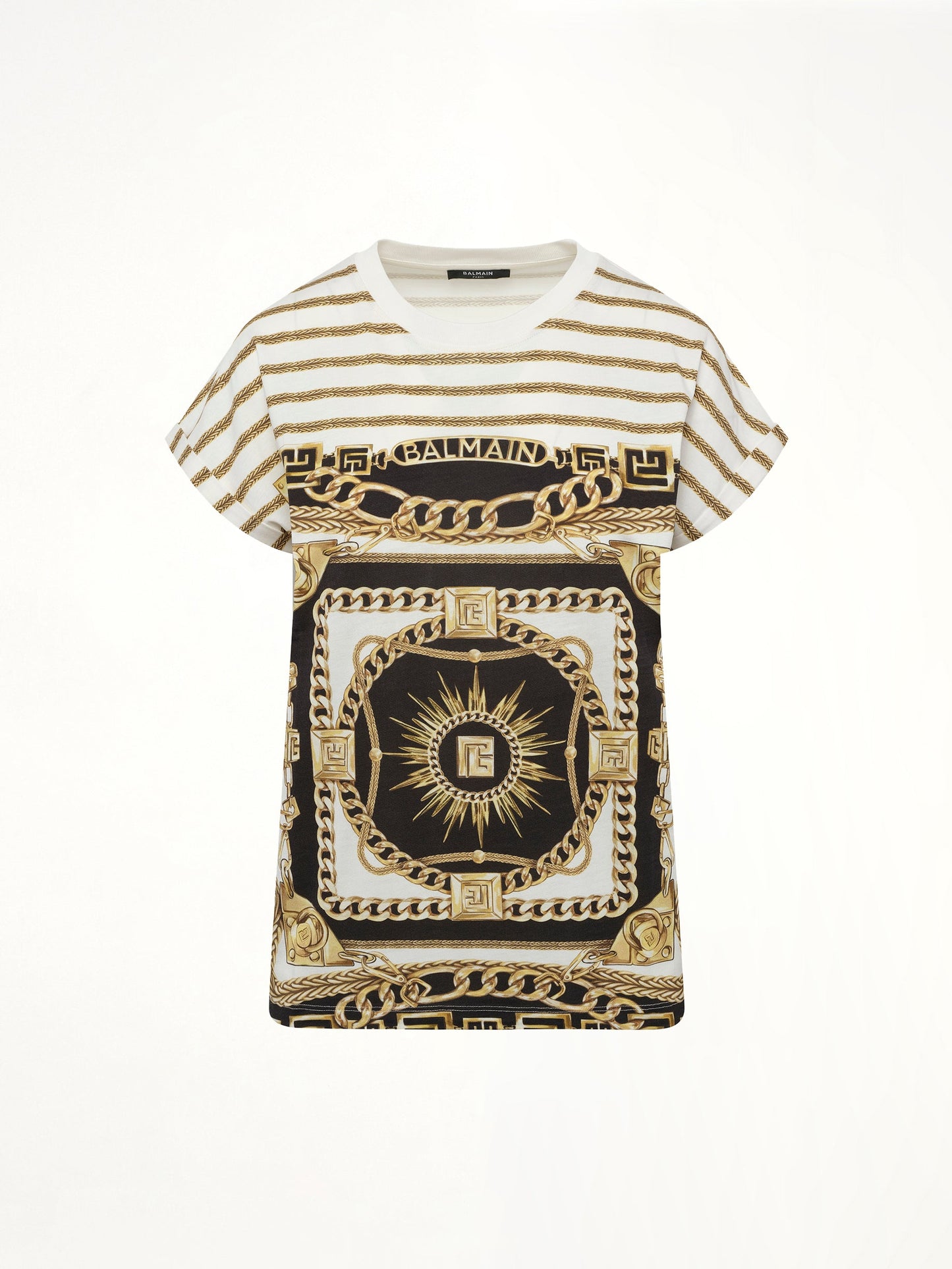 BALMAIN 3 BTNS Foulard Print T-Shirt (White)