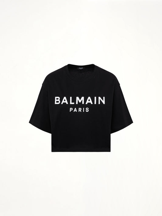 BALMAIN Cropped Print Logo Eco T-Shirt (Black/White)