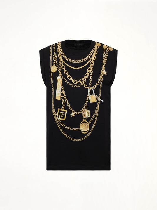 BALMAIN Trompe L'Oeil Necklace Print Tank Top (Black/Gold)