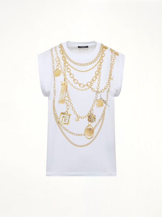 BALMAIN Trompe L'Oeil Necklace Print Tank Top (White/Gold)