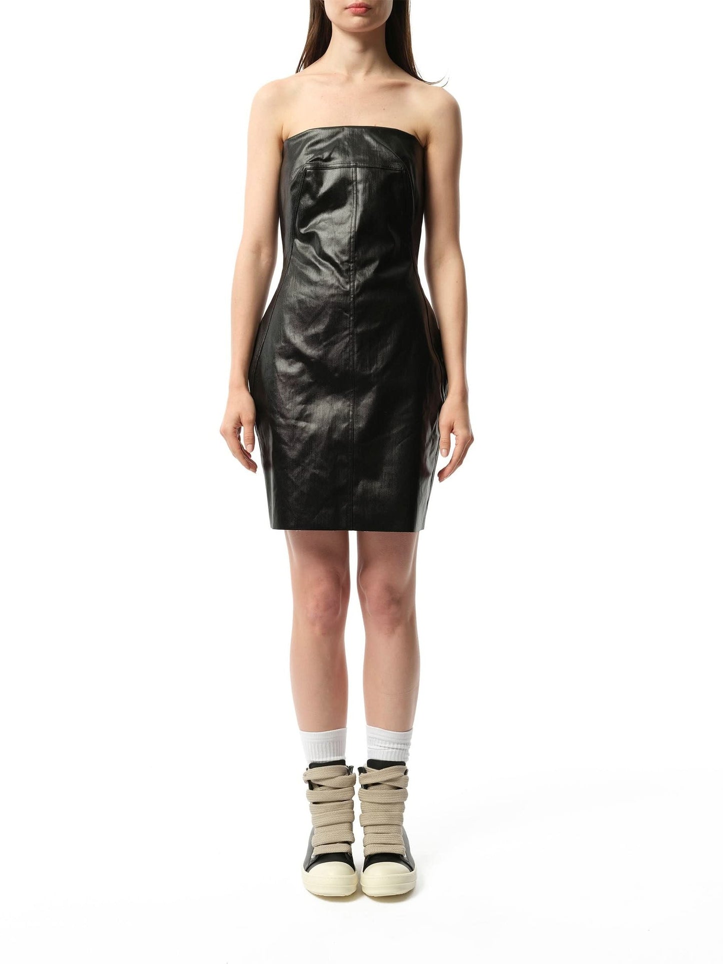 RICK OWENS Coated Denim Bustier Mini Dress (Black)