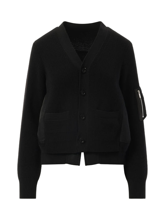 SACAI Nylon Twill Knit Cardigan (Black)
