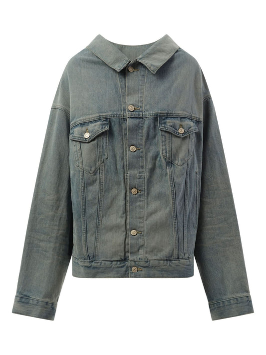 BALENCIAGA Off Shoulder Selvedge Denim Jacket (Blue)