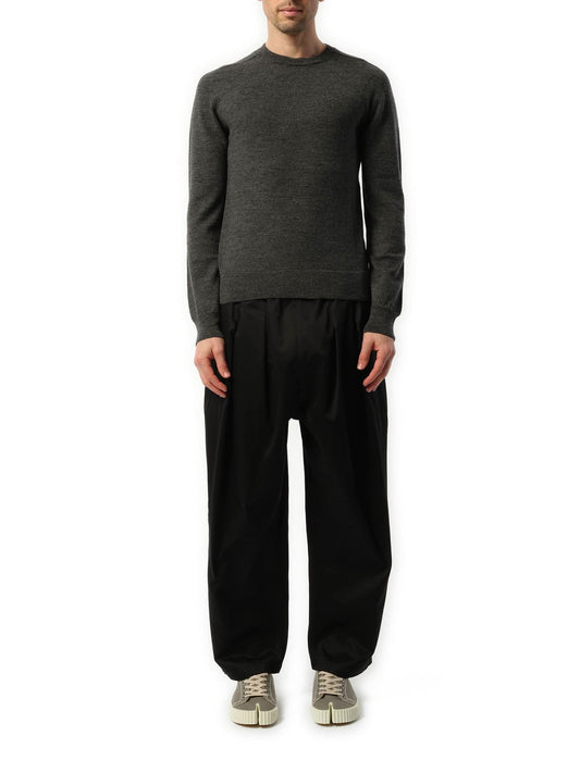 Image of a model wearing Outerwear. Productname: MAISON MARGIELA Elbow Patch Knit Sweater in Charcoal colour by brand - MAISON MARGIELA