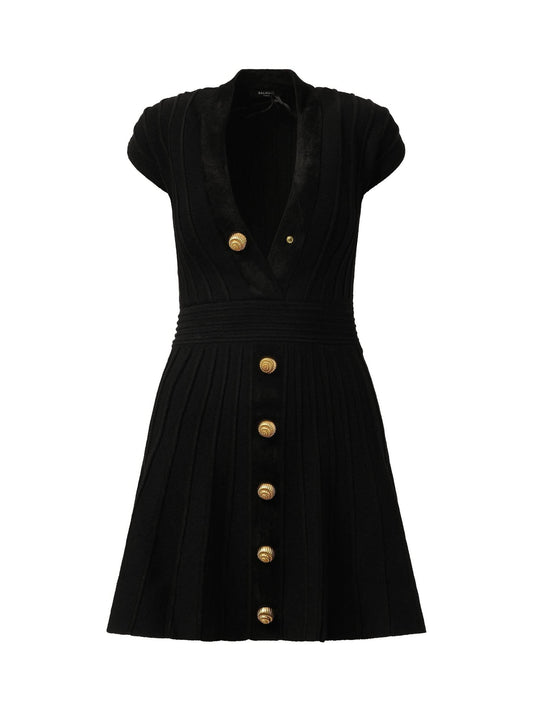 BALMAIN Button V-Neck Velvet Flare Short Dress (Black)