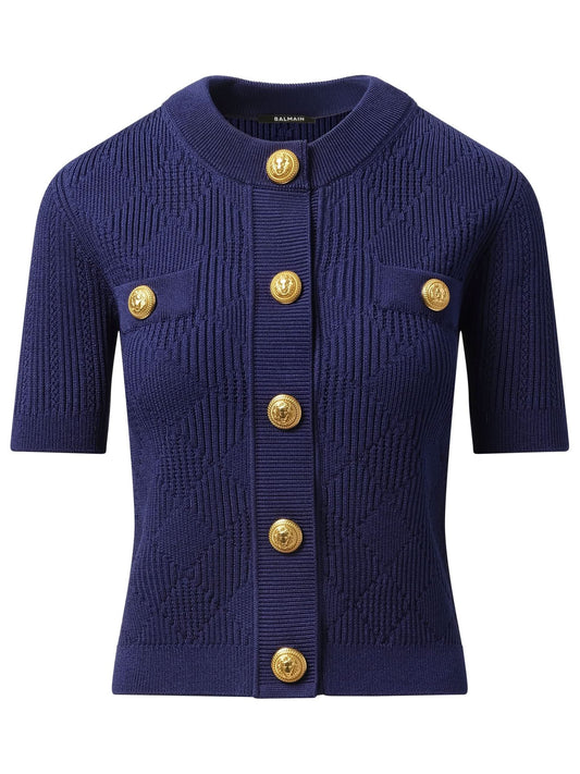 BALMAIN Buttoned 2 Pockets Vichy Knit Cardigan (Midnight Blue)