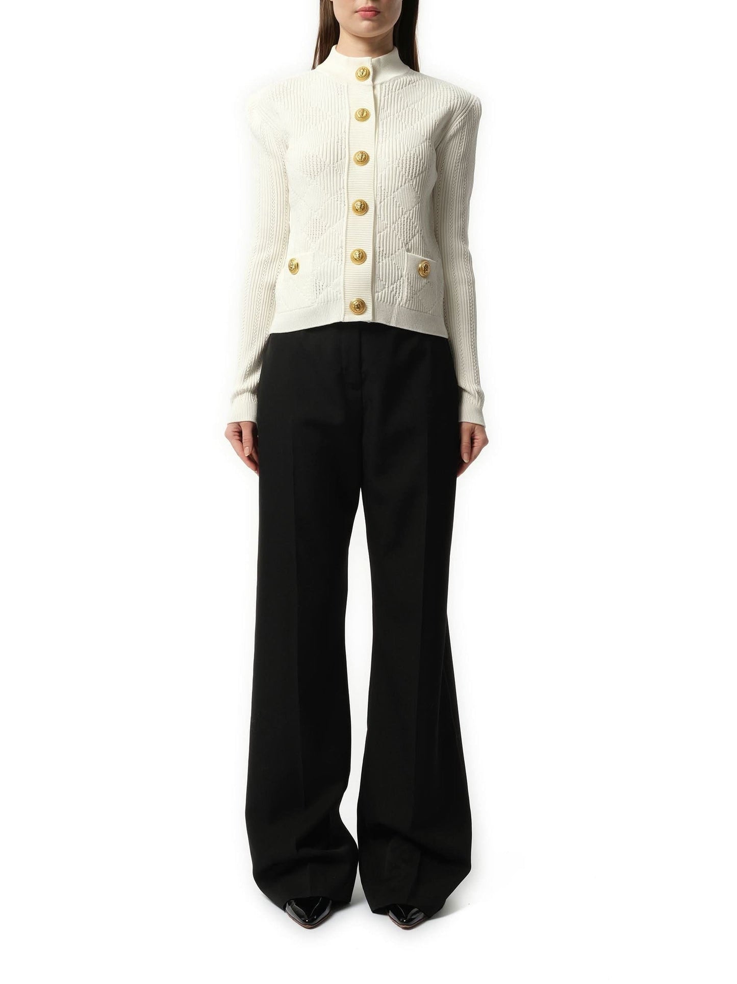 BALMAIN Buttoned 2 Pockets Vichy Knit Cardigan (White)