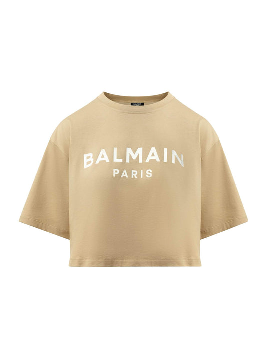BALMAIN Balmain Printed Cropped T-Shirt (Beige)