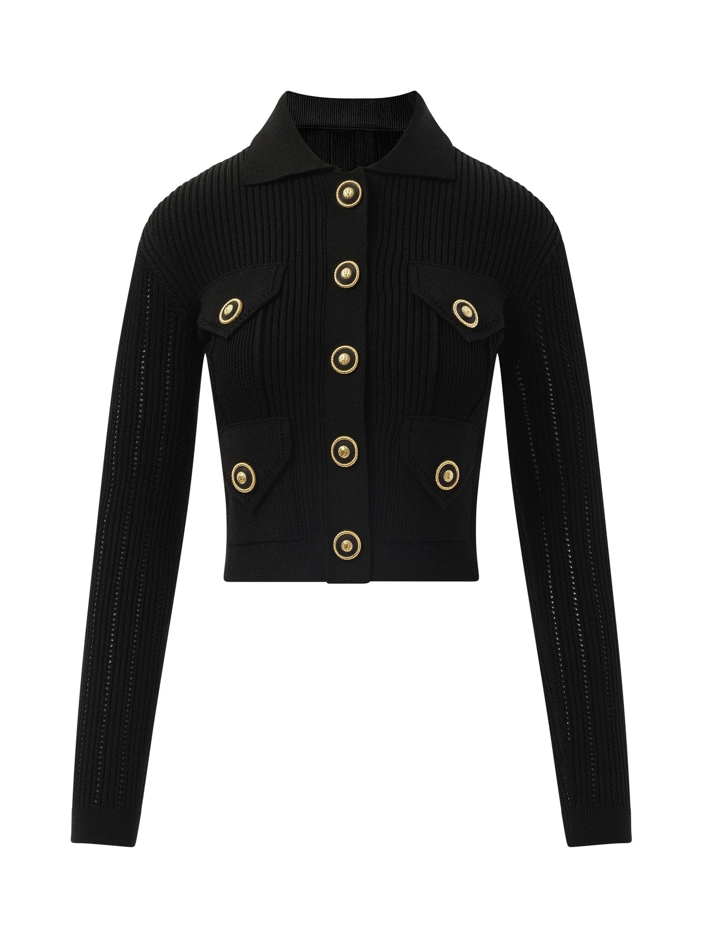 BALMAIN 4 Pockets Buttoned Ribbed Knit Cardigan (Black)