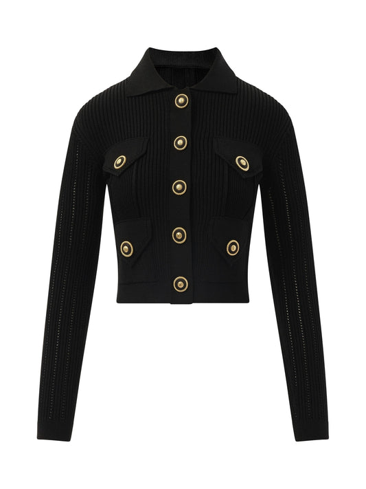 BALMAIN 4 Pockets Buttoned Ribbed Knit Cardigan (Black)
