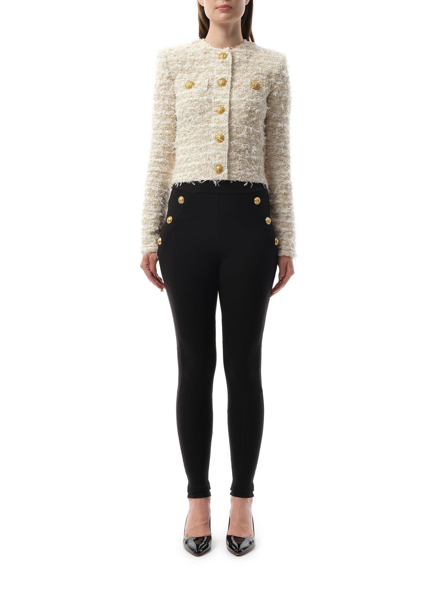 BALMAIN 2 Pockets Buttoned Tweed Knit Crop Jacket (White)