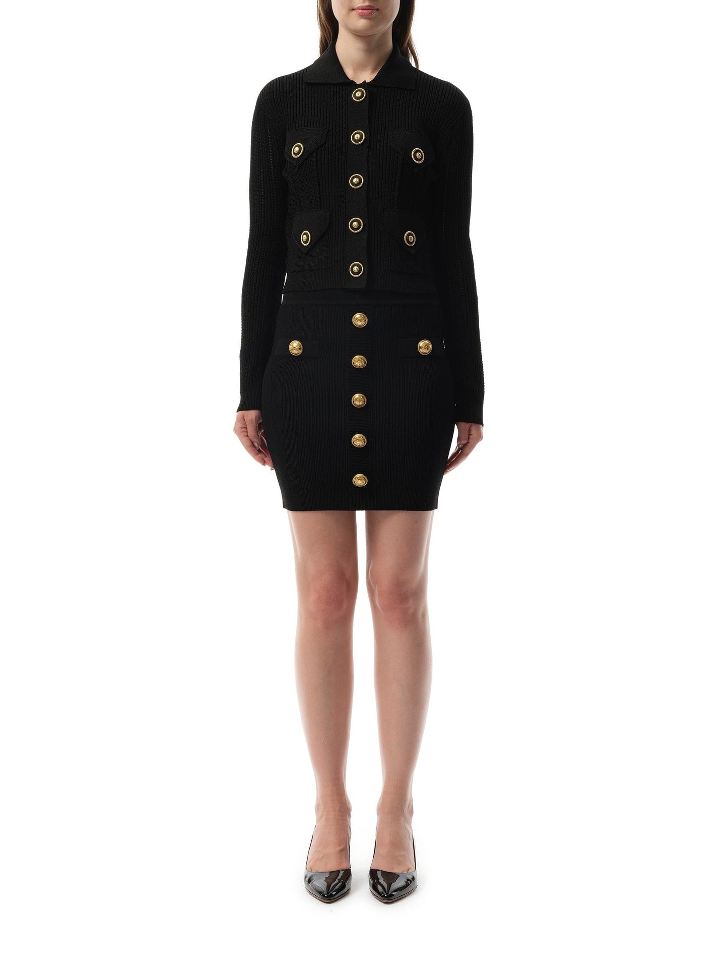 BALMAIN 4 Pockets Buttoned Ribbed Knit Cardigan (Black)