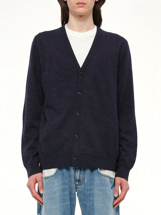 Image of Cardigans. Product name - Gauge 12 Elbow Patch Cardigan in Navy colour by brand - MAISON MARGIELA